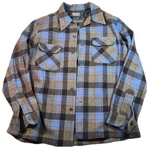 VTG Pendleton BOARD SHIRT Mens‎ L 100% Wool Plaid Blue Plaid Loop Collar Pockets